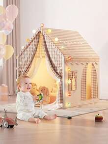 Children's Game House Tent, Large Indoor Parent Child Interactive Game Room, Crawling Game House Tent Suitable For Both Boys And Girls, Outdo Or Fun Game Tent, Durable Checkered Tent, Perfect Gift For Children, Tent For Kids, Tent, Equipped With Star Lights (Without Battery) - 黃色帳篷+燈套裝A(布質窗簾) - 查看 5