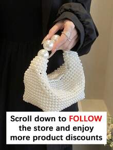 Túi xách nữ dệt thủ công, kiểu Pháp cổ điển đính ngọc trai giả, túi xách tay và túi đeo vai dung tích lớn, phù hợp cho các buổi đi chơi, hẹn hò, mua sắm, phối đồ hàng ngày, công sở, đi làm, làm quà tặng và nhiều dịp khác. - trắng - Xem 3