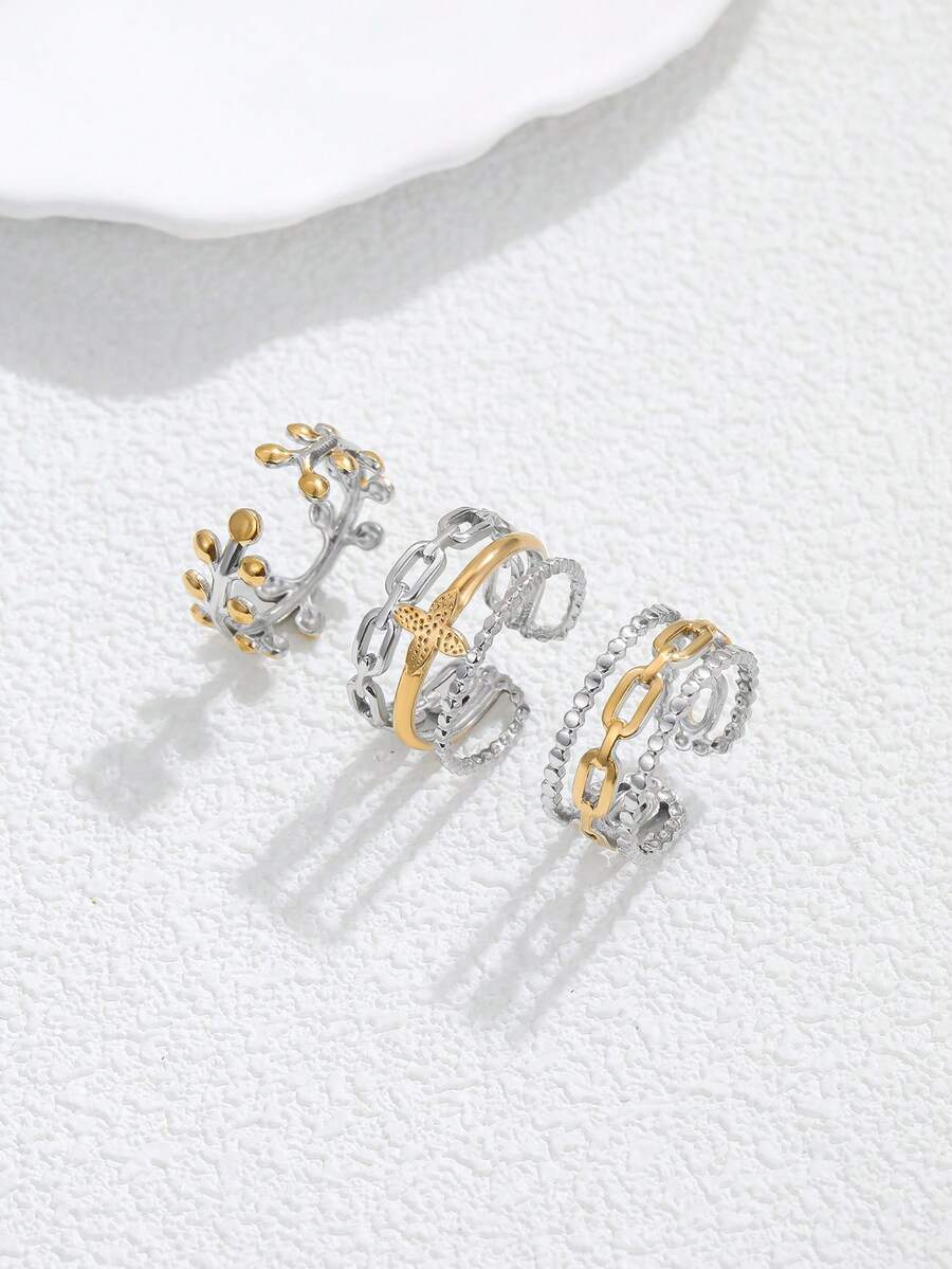 3pcs Stainless Steel Ombre Gold Open Ring Set, Suitable For Women Wear Or Gift - Yellow Gold - View 1