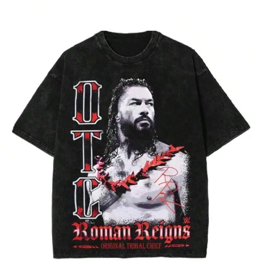 Great Value Washed T-Shirt On , Roman Reigns OTC Wrestling T-Shirt, Original Chief T-Shirt, Professional Wrestling Merchandise, Graphic Streetwear, Gift For Fans, Men's Premium Vintage Cotton Hoodie 350gsm Is The Best Gift For Friends. - 黑色 - 查看 1
