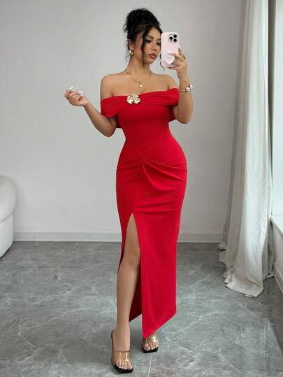 abyoxi Women's Red, Off Shoulder, Metallic Floral Detail, Ruched Waist, High Split Slim Fit Long Dress, Vintage Elegant, Sexy Young Hot, Date, Party, Formal Dinner Evening Gowns, Birthday, Bodycon Spring Summer Maxi Dresses