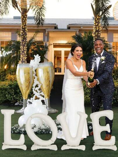 34个/30个/4个/1个/套，106.68厘米超大金色/白色“LOVE”字样立式巨型香槟杯造型铝箔装饰气球，适用于庆祝派对装饰、生日快乐杯形气球、派对装饰铝箔气球、结婚纪念日/婚礼/母亲节/生日/单身派对/毕业派对装饰