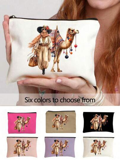 Camel And Beauty Print Handbag/Cosmetic Bag, Reusable Cosmetic Organizer With Camel Pattern, Lightweight, Cosmetic And Toiletries Organizer, Stylish Zipper Cosmetic Bag, Lightweight Coin Purse, Toiletry Bag, Storage Bag, Travel Accessory, Perfect For Shopping, Multi-Functional, For Organizing Cosmetics, Brushes, And Accessories, New Year'S, Valentine'S Day, Ramadan Gift. ,Makeup Bag