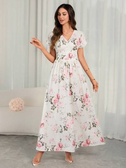 Women's Spring/Summer Elegant Random Pink Floral-Print Midi Dress – Pleated, Slim-Fit, Casual Holiday Elegance