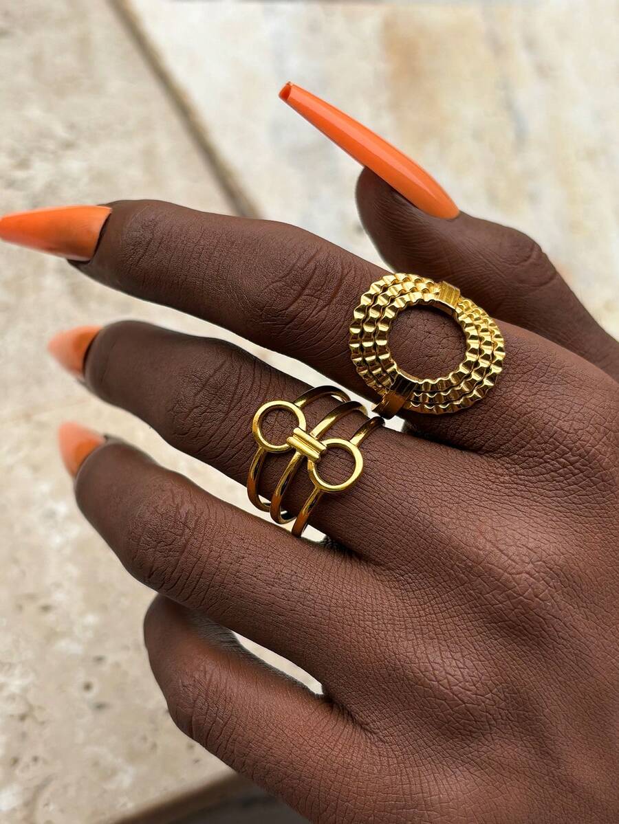 2 piezas de anillos de metal de acero inoxidable con aberturas ajustables, elementos de tejido geométrico, estilo retro, dorado personalizado, para fotografía callejera hipster, para usar en una fiesta y salir como regalo de cumpleaños. - anillo - Ver 1