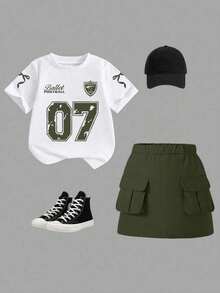 女童卡通印花圆领短袖上衣和裙子套装 - 白色 - 查看 2