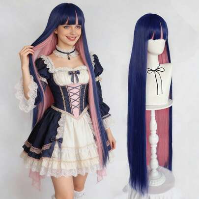 时尚女士超长直发，藏蓝色底粉色挑染，耐热合成假发，带刘海，适合动漫角色扮演、节日、漫展和派对——优质、自然、易于造型——动漫迷、角色扮演者和服装爱好者的理想礼物