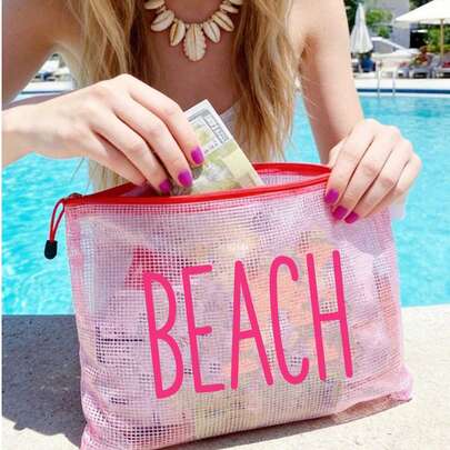 Waterproof Fashion Mesh Beach Bag, Makeup Bag With "Beach" Print, Beach Theme. Large Capacity Transparent Makeup Bag, Nylon Zipper Toiletry Bag, Lightweight, Can Hold Sunscreen, Snacks, Bikini And Beach Essentials
