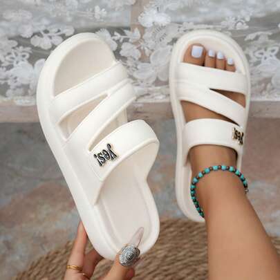  ASOFTER Fashion Minimalist Criss-Cross Thick-Soled Slide Sandals, White Minimalist Letter Decor Outdoor Slippers, Suitable For Beach, Vacation, Commute And Multi-Occasions