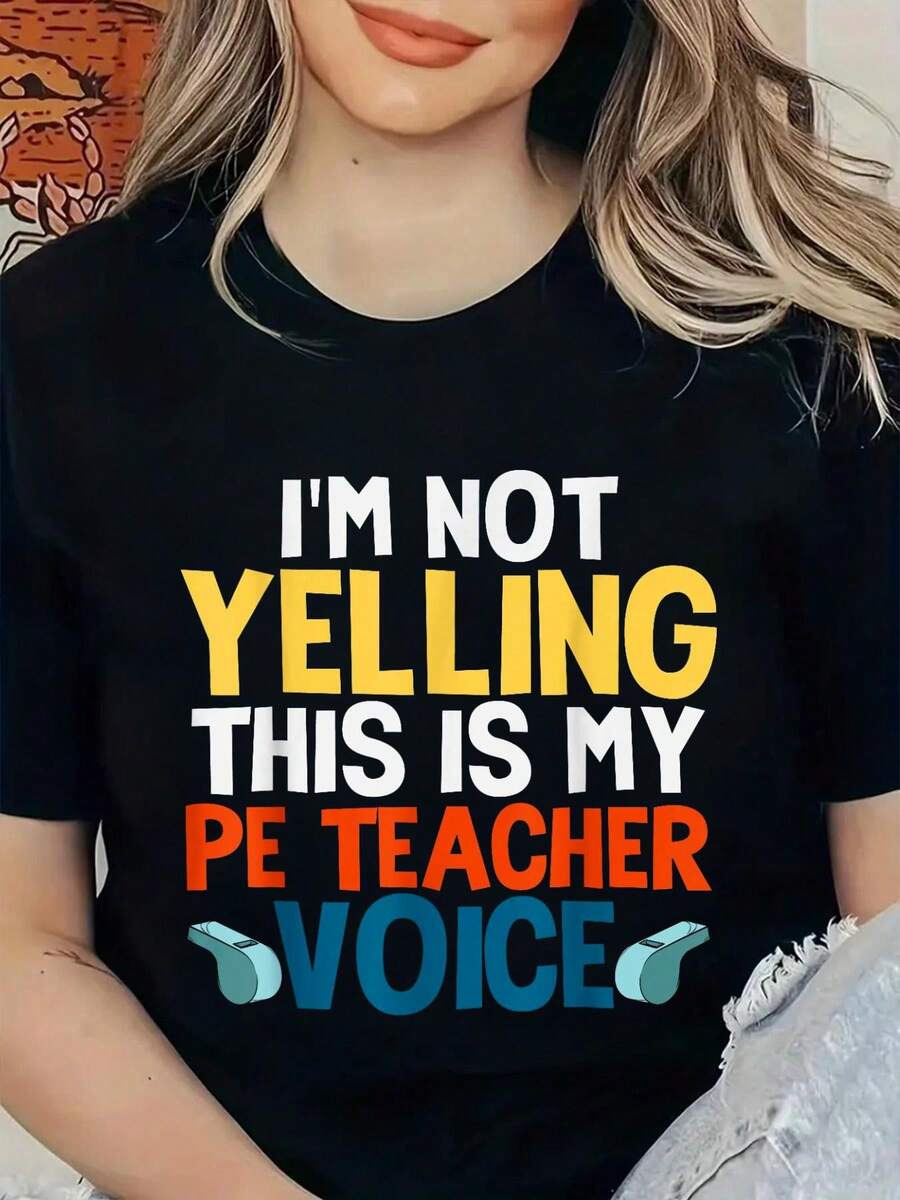 Camiseta Divertida con Estampado 'No Estoy Gritando, Esta la Voz de Mi Profesor de Educaciónísica', Camisetas Gráficas para Mujer - Negro - Ver 1