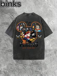 Disney Binks (Double-Sided Printing): Mickey Mouse, Pirate Retro Elements Cartoon Printed Retro Washed Short Sleeved T-Shirt, High Street Fashion Brand Loose Retro Washed Short Sleeved T-Shirt. Spring And Summer Fashionable Versatile Top, Holiday Gift, Vintage Print. - 黑色 - 查看 3