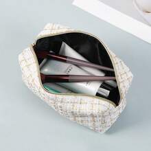 Chic Tweed Cosmetic Bag Black With Gold Zipper Large Capacity Travel Toiletry Pouch - Multicolor - View 7