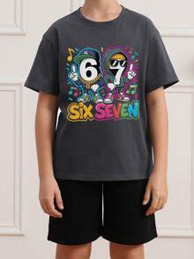 Tween Boys' Graphic Print Short Sleeve T-Shirt, Student Youth Casual Summer Top - Dark Grey - View 2