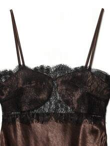 DEEKA Summer New Women's Fashion Sexy Asymmetric Lace Satin Dress, European And American Style Elegant - Brown - View 9