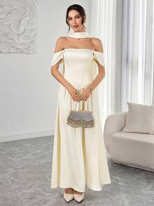 女士新款优雅时尚A字吊带连衣裙 - 不对称弧形廓形，垂褶腰带，是度假、浪漫约会、毕业派对和婚礼的理想之选 - 杏色 - 查看 6