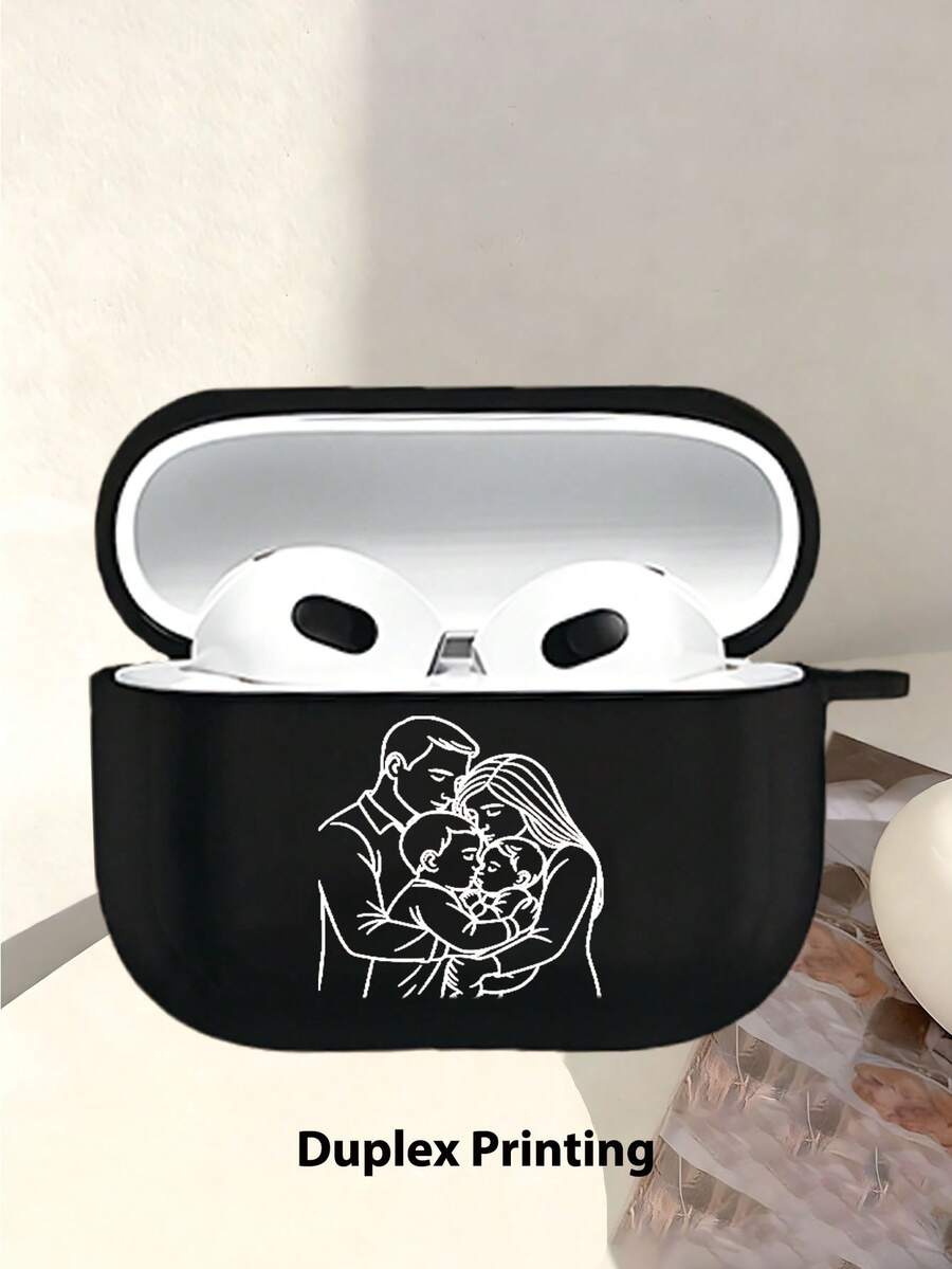 Minimalist And Warm Family Of Three Theme Earphone Case, Matte Finish, Compatible With AirPods 3/4/Pro/Pro2/Pro3, Suitable As Birthday Gift For Boyfriend/Girlfriend/Friend. Low-Key And Elegant, With Both Quality And Sentimentality - Black - View 1