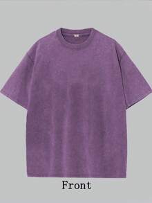 Women's Casual Purple Washed Cotton T-Shirt, Short Sleeve Drop Shoulder Round Neck Long Tee For Everyday Comfort - 紫色 - 查看 2