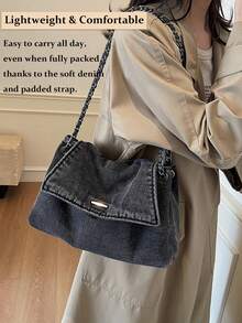 New Fashion Casual Solid Color Denim Effect Metal Chain Strap Flap Cover Women Shoulder Bag,Vintage Washed Jean Flap Over Shoulder Bag For Women, Adjustable Chain Strap Crossbody Purse With Magnetic Snap Closure, Large Capacity Casual Bag Fits Phone, Umbrella, Water Bottle For All Seasons, Travel, Commute & Date Nights In Black, Dark Blue & Light Blue[US Local Warehouse]The Best Gift Choice, Birthday Gift, Christmas Gift - 彩色 - 查看 8