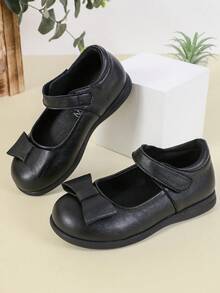 1 Pair Fashion Solid Color Bow Round Toe Hook And Loop Flat Shoes, Comfortable & Soft, Suitable For School, Commuting, All Seasons - Black - View 4
