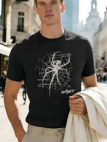 Spider Web Graphic Black Streetwear Tee Premium Cotton, Relaxed Fit, Street Hip-Hop, Comfortable, Unique Graphic Print, New Release - Black - View 1