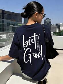 女款新款極簡可愛圖案休閒度假風寬鬆百搭圓領短袖T恤，時尚日常上衣，適合日常穿著與度假。女款新款夏季，「No Road, But God Created」時尚印花，主打學院風印花設計，散發青春活力。適合跑步、居家休閒、聚會、派對等場合。適合情人節、開學季、教師節等節日。 - 藏蓝色 - 查看 9
