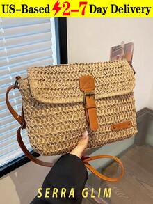 Retro-Chic Woven Tote Bag Beach Vacation Straw Crossbody Bag Summer Casual Messenger Bag Vintage Rustic Handbag Forest Cottagecore Handbag Inspired Woven Bag-Perfect For Beach Trips Vacations Commuting Parties Birthday Gifts Valentine's Day Gifts Mother's Day Gifts - 卡其色 - 查看 1