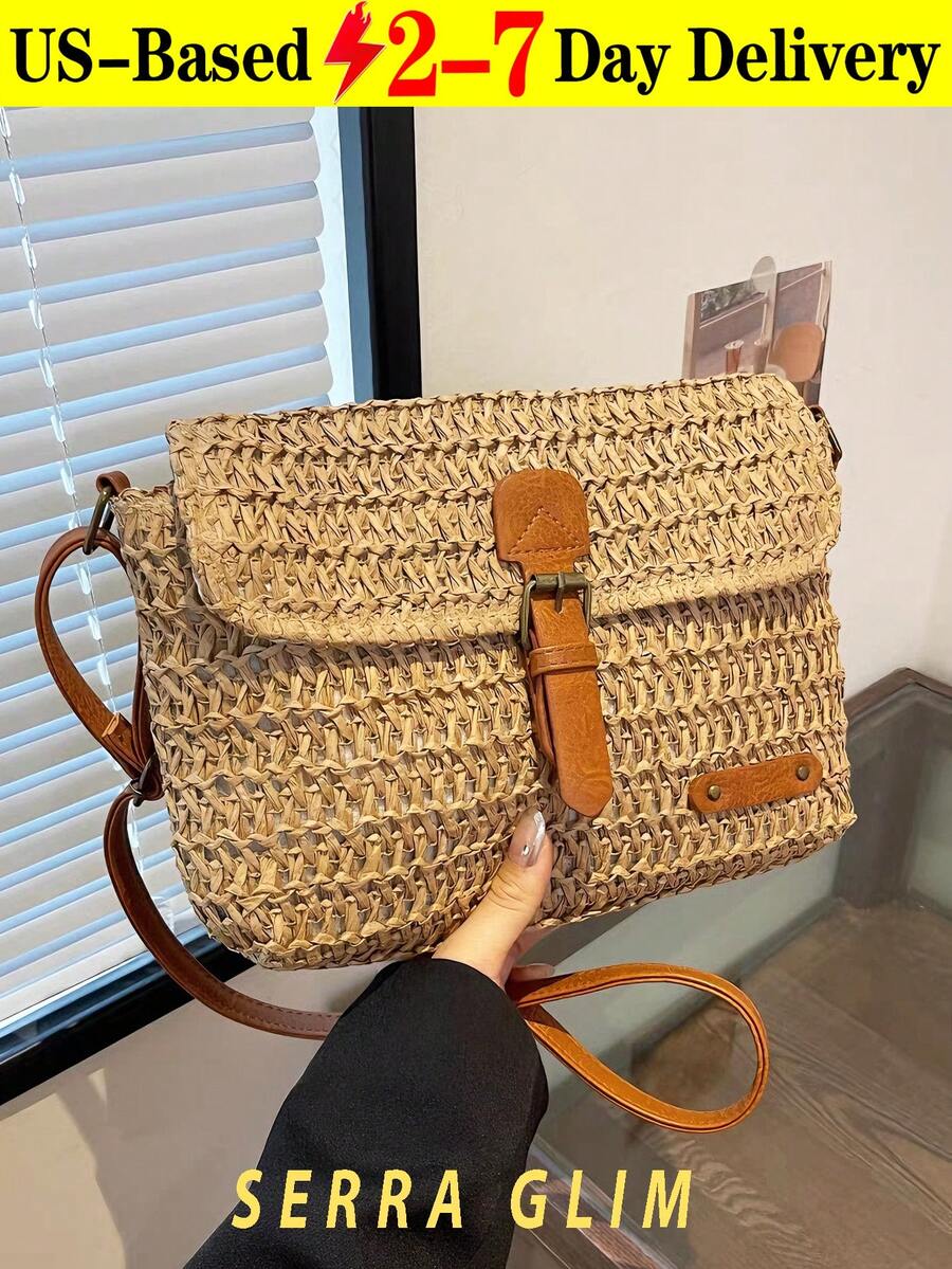 Retro-Chic Woven Tote Bag Beach Vacation Straw Crossbody Bag Summer Casual Messenger Bag Vintage Rustic Handbag Forest Cottagecore Handbag Inspired Woven Bag-Perfect For Beach Trips Vacations Commuting Parties Birthday Gifts Valentine's Day Gifts Mother's Day Gifts - 卡其色 - 查看 1