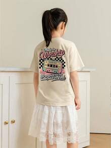 Tween Girls Students Casual Printed Round Neck Short Sleeve T-Shirt, Summer Top - Apricot - View 2