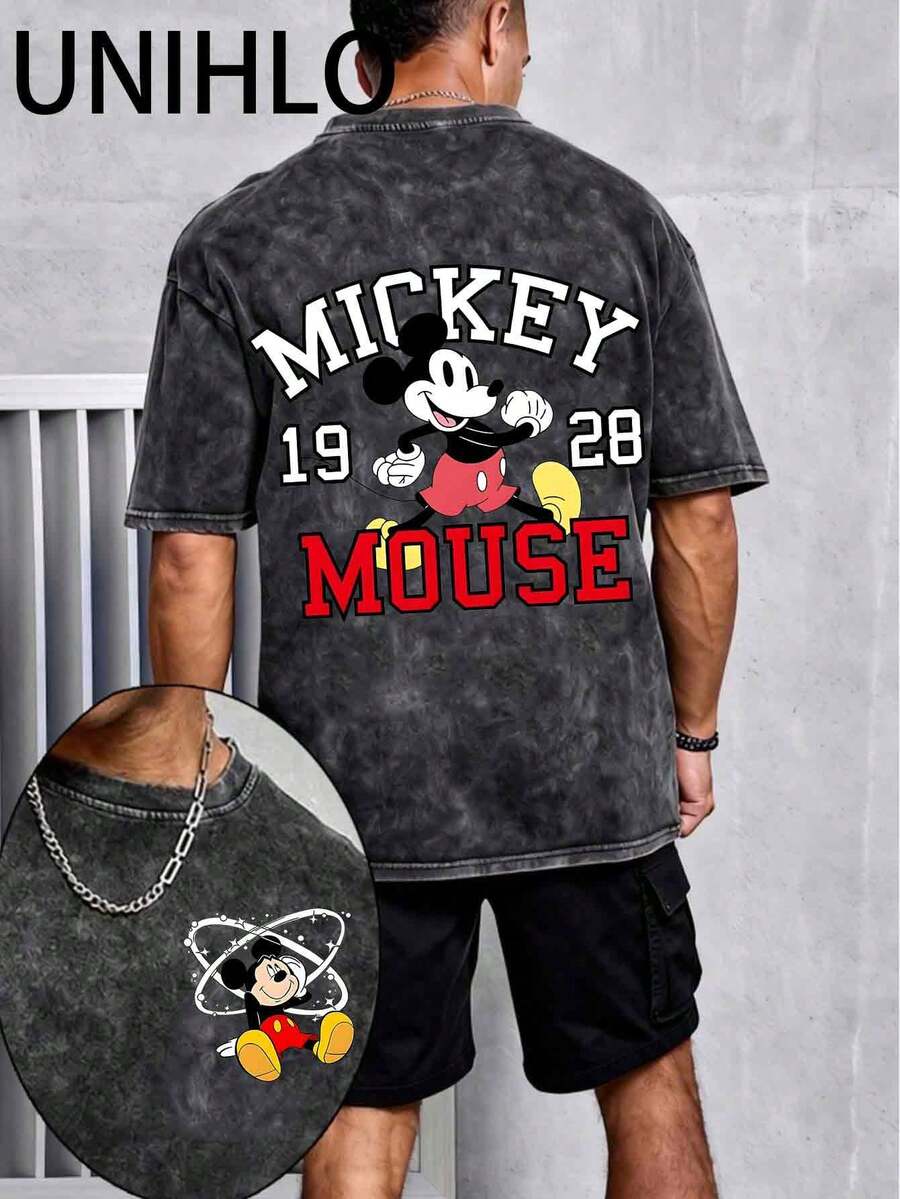 Disney UNIHLO  Mickey    Printed Summer Heavyweight Retro Washed Street Fashion Casual T-Shirt - 黑色 - 查看 1
