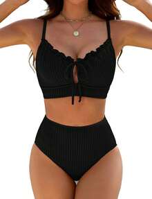 Conjuntos de bikini de tiro alto para mujeres, trajes de baño con control de barriga texturizada, trajes de baño de dos piezas con recortes para la playa - Negro - Ver 11
