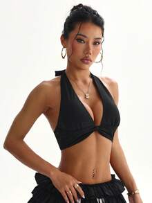 Women's Solid Color Removable Padded Halter Tie Back Sports Bra Spring - Black - View 5