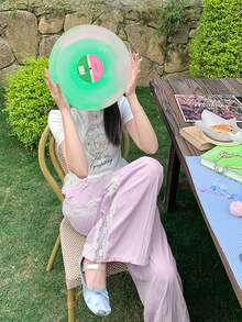 Cute Sweet Gentle Lace Trim Pink Casual Pants, Lightweight Loose Wide Leg Women's Trousers, Spring/Summer - Pinkish-purple - View 4