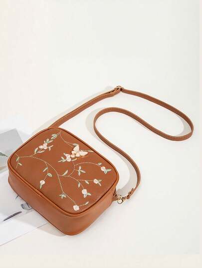 Classic Embroidered Crossbody Bag, Butterfly Metal Decor Zipper Wallet, Girl Faux Leather Shoulder Bag
