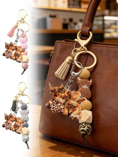 1pc Faux Leather Bead Tassel Keychain, Cute Short Keyring, Cartoon Punk Style Animal Theme Lobster Clasp, Acrylic Pendant, Car Key Chain, Silicone Beads, Tassel, Backpack Decor, Car Keys, Anti-Lost Chain - Suitable For Car Keys, Backpacks And Bags, Also A Great Gift For Holidays And Birthdays