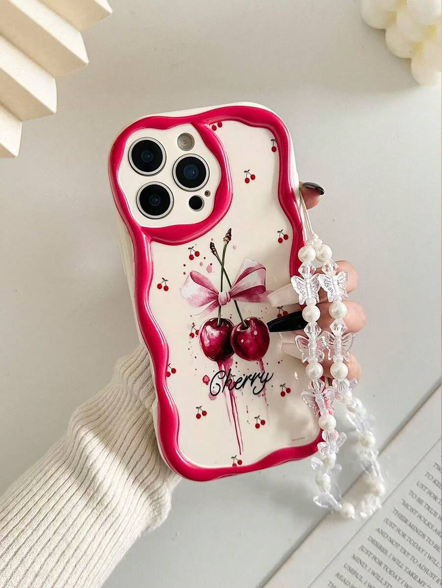 奶油色纹理波浪边亮面樱桃彩绘防震手机壳，配手工串珠手链配件，兼容 16/11/16 Pro/16 Plus/16 Pro Max/16 e/15 Pro Max/13/14/12/XS/XR/7G/8P、Galaxy S25/S25 Plus、11/12 Pro/12/12 X/13 Pro/14 Pro/15 Pro、10/9/Note9/12c/Note11 Pro/Note8 Pro，国际版，非国内版