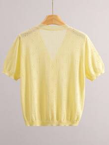 GIGOGOU Women's Hollow Out Short Sleeve Knit Cardigan, Casual Breathable V-Neck Top - Champagne - View 2