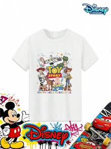 This Short-Sleeved T-Shirt For Boys Features A Disney Toy Story Theme. The Front Is Adorned With Vibrant Prints Of Characters Like Woody, Buzz Lightyear, And Rex, While The Back Displays Classic Quotes In Colorful Artistic Lettering. It's Suitable For Various Occasions, Including Disney Park Photo Opportunities, Toy-Themed Events, Birthday Parties, Summer Outings, Beach Play, Park Walks, Everyday Wear, And After-School Activities. It Serves As A Way For Little Fans To Express Their Interests And Is Also An Eye-Catching Everyday Item, Allowing Children To Interact More In Interest-Related Settings And Showcase Their Playful Energy During School And Outdoor Activities. - 白色 - 查看 3
