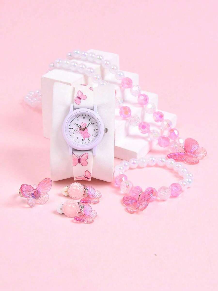 6pcs/Set Silicone Strap Quartz Wrist Watch For Kids, Creative Butterfly Design, Luxury Princess Necklace & Bracelet Jewelry Set - White - View 1