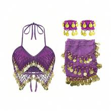 一套手工亮片串珠流苏吊带背心，搭配多色金属面料闪光腰裙；一对多色人像金属硬币雪纺手链；适合肚皮舞表演、派对、海滩、波西米亚复古风格。 - 彩色 - 查看 13