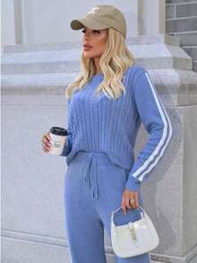 Women's Elegant Knit Set: Lined Wide-Leg Pants, Braided Striped Blouse, Aerolook Fashion Brand, Autumn/Winter, Cold Weather, Comfortable, Sporty, Casual, Knit, Knot, Vacation, Beach, Winter - 紅木色 - 查看 2