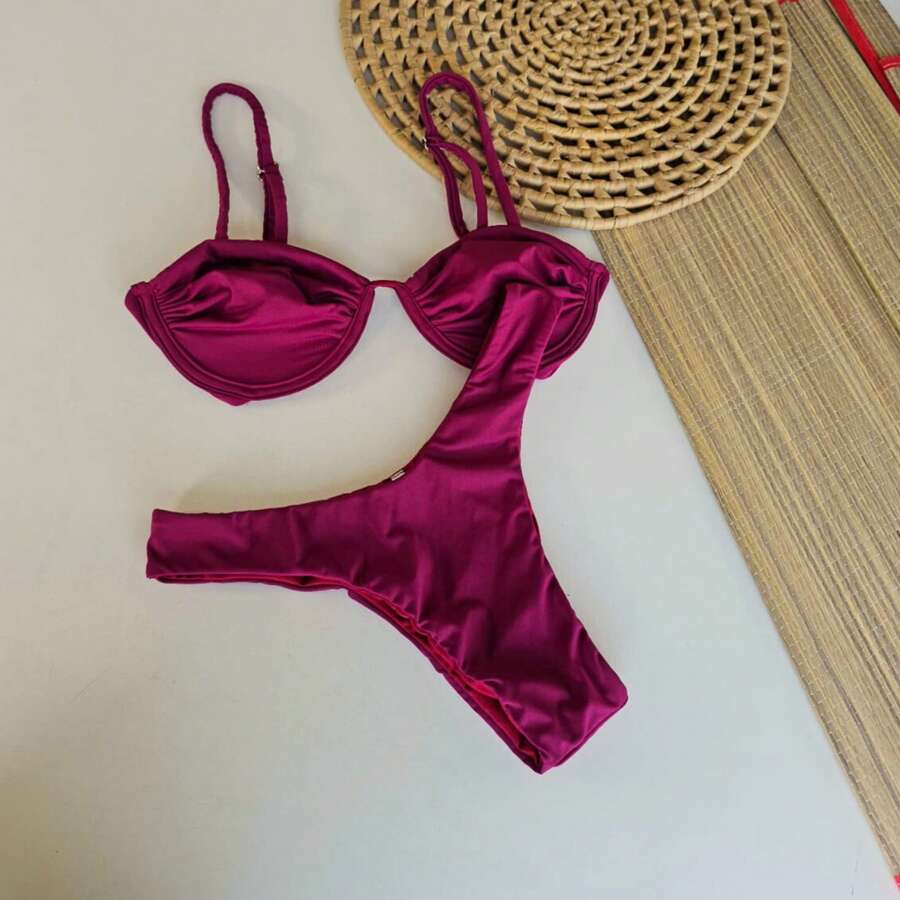 Bikini Top With Underwire Support + High-Cut Bottom In Polyamide Supplex Fabric. - 酒紅色 - 查看 1