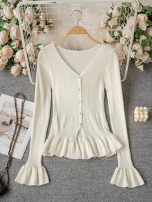 夏季米色罗纹针织开衫 - 优雅纯正的Yurty甜美休闲街头Y2K长袖V领纽扣荷叶边下摆和袖口修身女士针织开衫和女士上衣 | 适合年轻女士、女士、甜美女孩、Y2K女孩和性感女孩，完美适用于情人节/妇女节/母亲节/休闲聚会/海滩度假/派对聚会/返校季/婚礼季/音乐节/2026荷叶边罗纹针织春季 - 杏色 - 查看 8