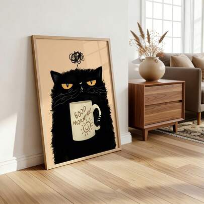 1幅趣味黑猫咖啡主题墙画，暴躁猫“早安”帆布印刷画|心理健康幽默艺术装饰，适用于卧室、厨房、客厅或办公室家居装饰，俏皮黑猫海报，送给爱猫人士的礼物，可选择无框或有框