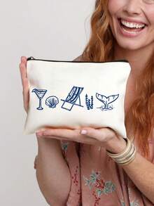 Custom Coastal Makeup Bag- Personalized With The Name "Last Toast Of The Coast" Design, Reusable Cosmetic Pouch With Design,Featuring Glasses And Seashells, Made Of Lightweight, Hand-Painted Style, Lightweight, Cosmetic & Toiletry Organizer Bag - Multicolor - View 13