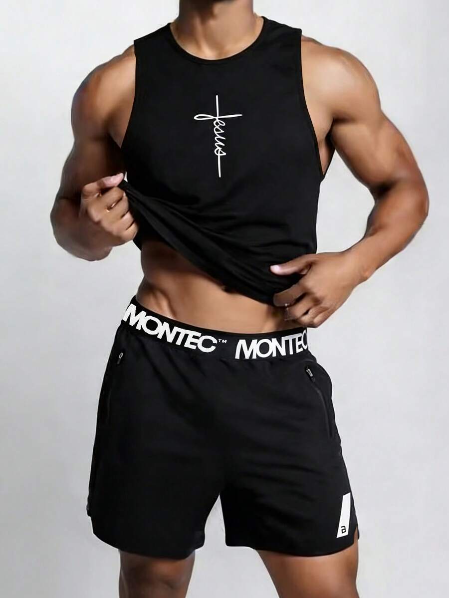 Conjunto deportivo de verano para hombres, chaleco casual ligero, pantalones cortos deportivos de secado rápido y de moda para exteriores - Negro - Ver 1