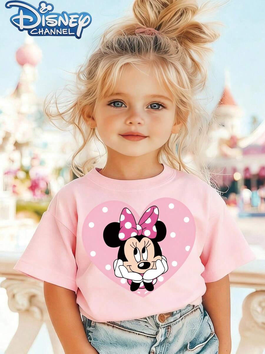 Minnie Mouse Con Corazón Rosa The Disney Pattern Printed Fashionable Round Neck T-Shirt Is Made Of 100% Pure Cotton Making It An Ideal Choice For Daily Wear Vacation And Leisure Outdoor Exploration School Life And Shopping Trips It Is A Must-Have Item For Summer It Is Also An Excellent Gift For The Same Boy And Girl Every Child Deserves A Dissney Tshirt - 粉色 - 查看 1