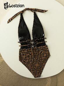 2026 性感优雅女士比基尼泳衣/时尚棕色格子连体泳衣/涤纶格子印花/深V领收褶修身泳衣/宽肩带露背挂脖连体泳衣/海滩度假/泳池派对/情人节/狂欢节/性感休闲装 - 彩色 - 查看 2