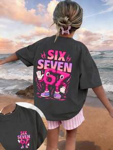 少女款“SIX SEVEN”卡通数码印花粉色T恤，适合日常穿着、街头风、活动场合，休闲百搭的夏季女童上衣 - 深灰色 - 查看 3