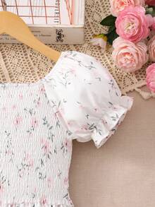 Girls' Long Sleeve Ditsy Floral Dress With Belt, Casual Wear - White - View 5