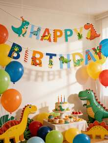 一套恐龙主题生日派对装饰横幅，恐龙主题生日派对装饰花环横幅，适合一周岁生日派对背景装饰、婴儿派对装饰、性别揭晓派对装饰、家居装饰、房间装饰、一周岁男孩生日派对用品、恐龙派对装饰、派对礼品 - 恐龍 - 查看 2